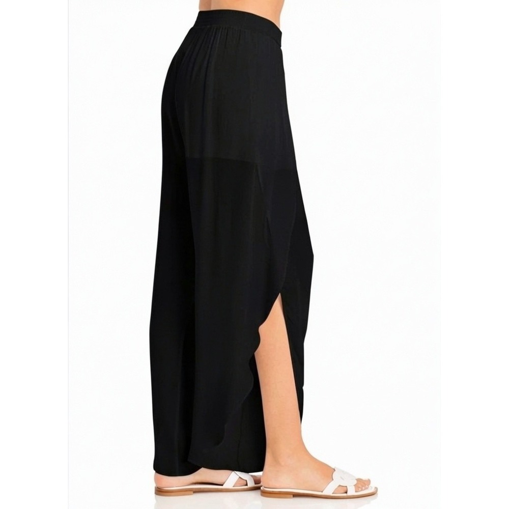 AQUA Swim Cover Up Pants Women M Black Wide Leg Side Slit Tie Waist $78 NWT